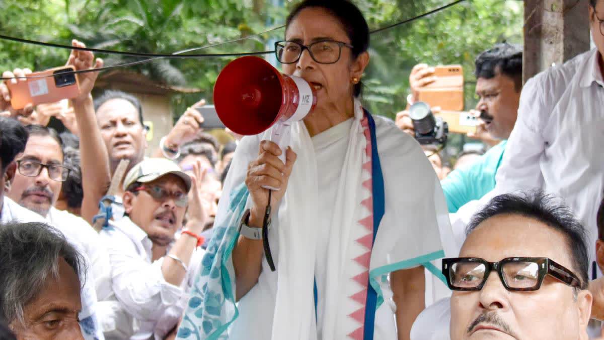A file photo of Mamata Banerjee at a protest event in Kolkata.