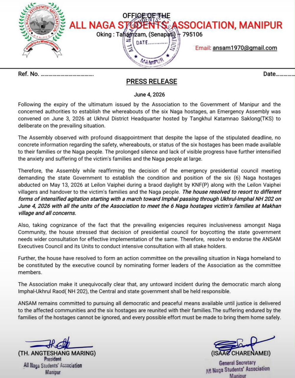 Six Naga people missing in Manipur, ANSAM to go for agitation