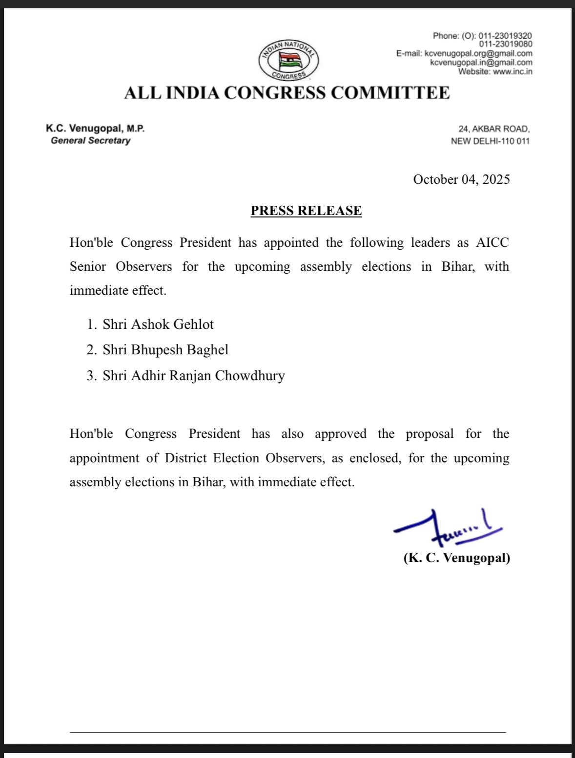 Senior Congress observer for Bihar elections