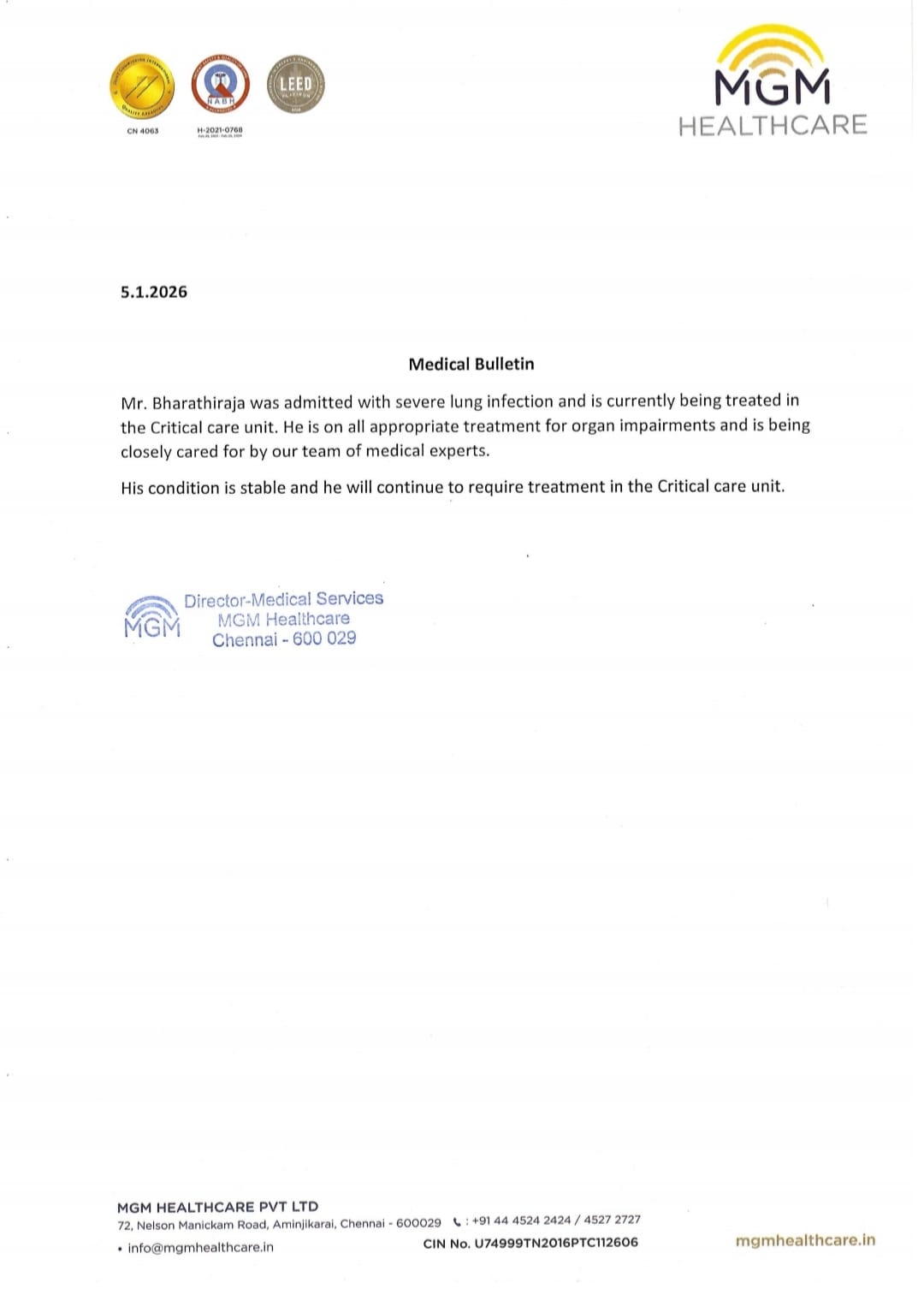 Bharathiraja Health Update