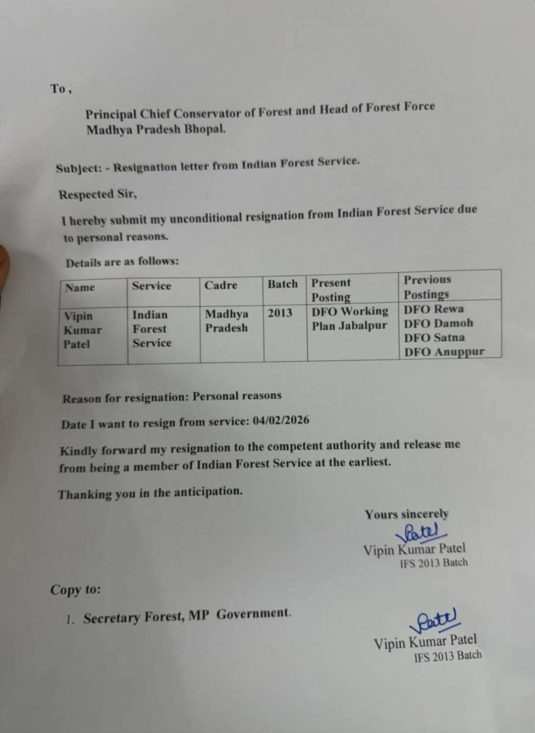 MP IFS Officer Vipin Patel Resigned