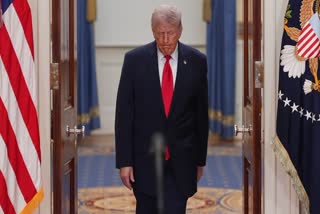 President Donald Trump arrives to speak about the Iran war from the Cross Hall of the White House on Wednesday, April 1, 2026, in Washington.