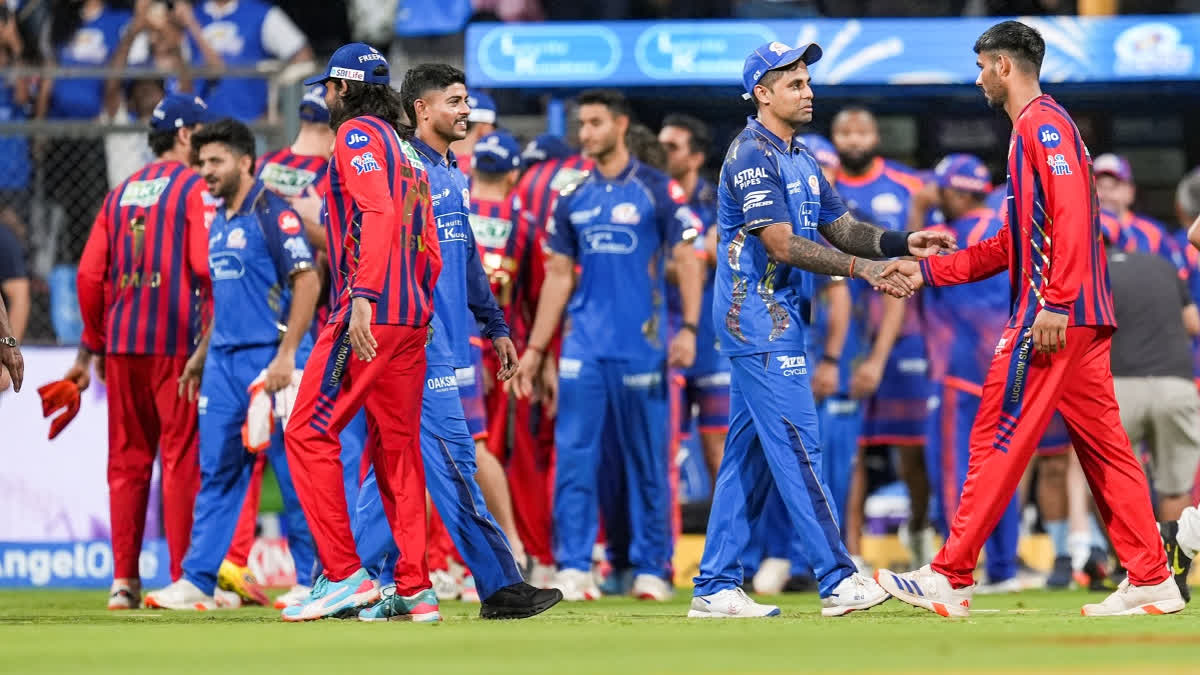 Mumbai Indians� captain Suryakumar Yadav, second right, shakes hand after winning the Indian Premier League (IPL) 2026 T20 cricket match between Mumbai Indians and Lucknow Super Giants, in Mumbai, Maharashtra, Monday, May 4, 2026.