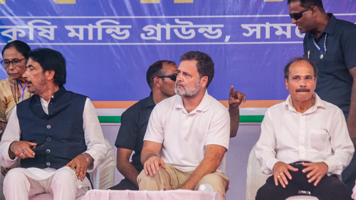 Congress MP and LoP Lok Sabha Rahul Gandhi(C) with party leaders during a public meeting in West Bengal
