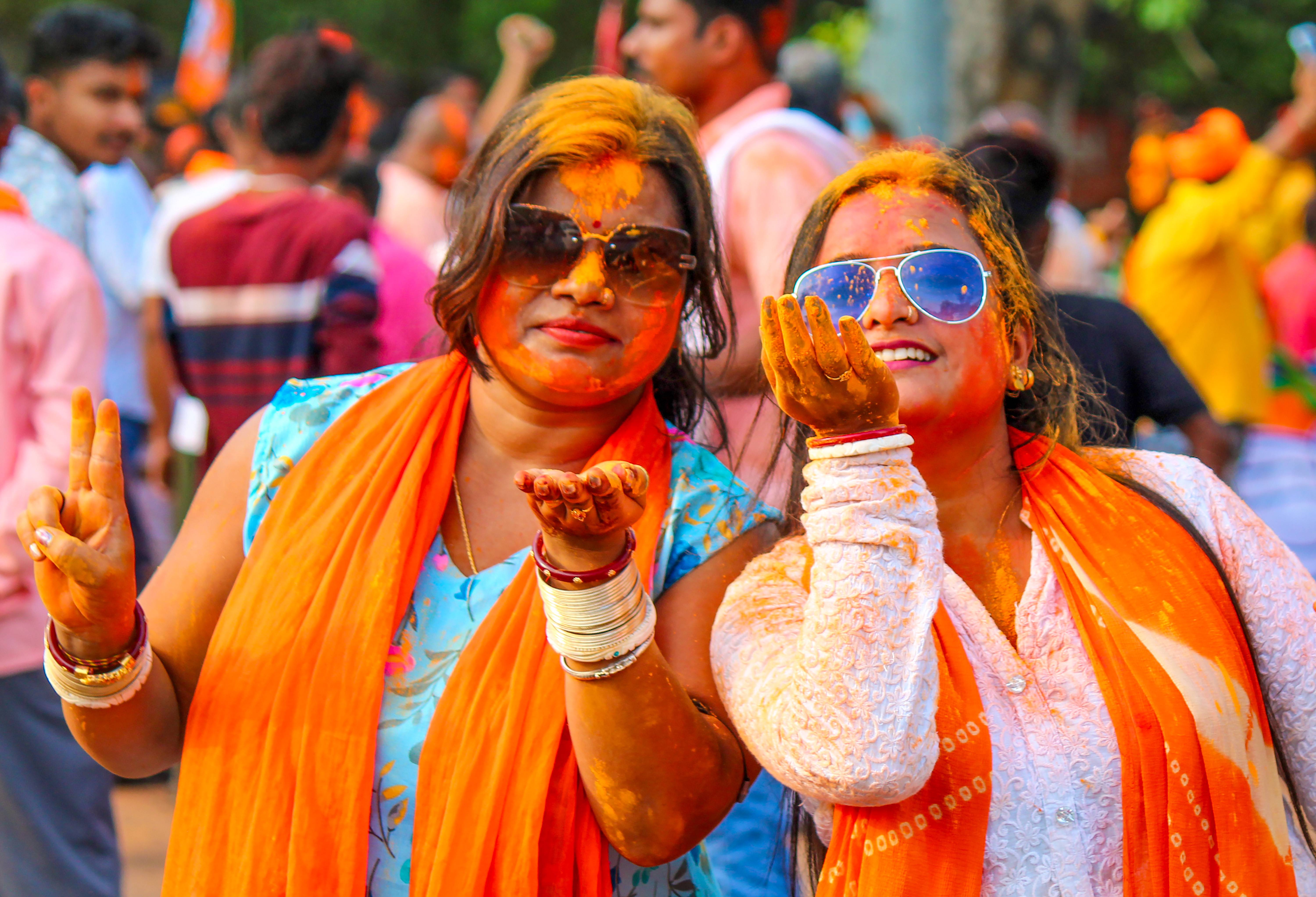 BJP supporters celerbrate after the party’s victory in the West Bengal Assembly elections in Paschim Bardhaman.