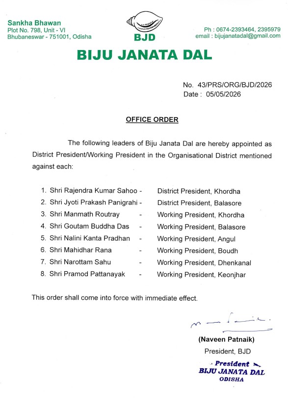 Biju Janata Dal appoints District Presidents District Working Presidents and State Office Bearers