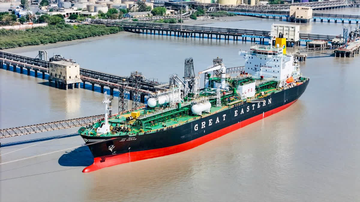 Indian-flagged LPG vessel ‘Jag Vikram’, carrying 20,400 metric tonnes of LPG, arrives at Kandla Port after crossing the Strait of Hormuz, in Kutch district of Gujarat on Monday, April 14, 2026.