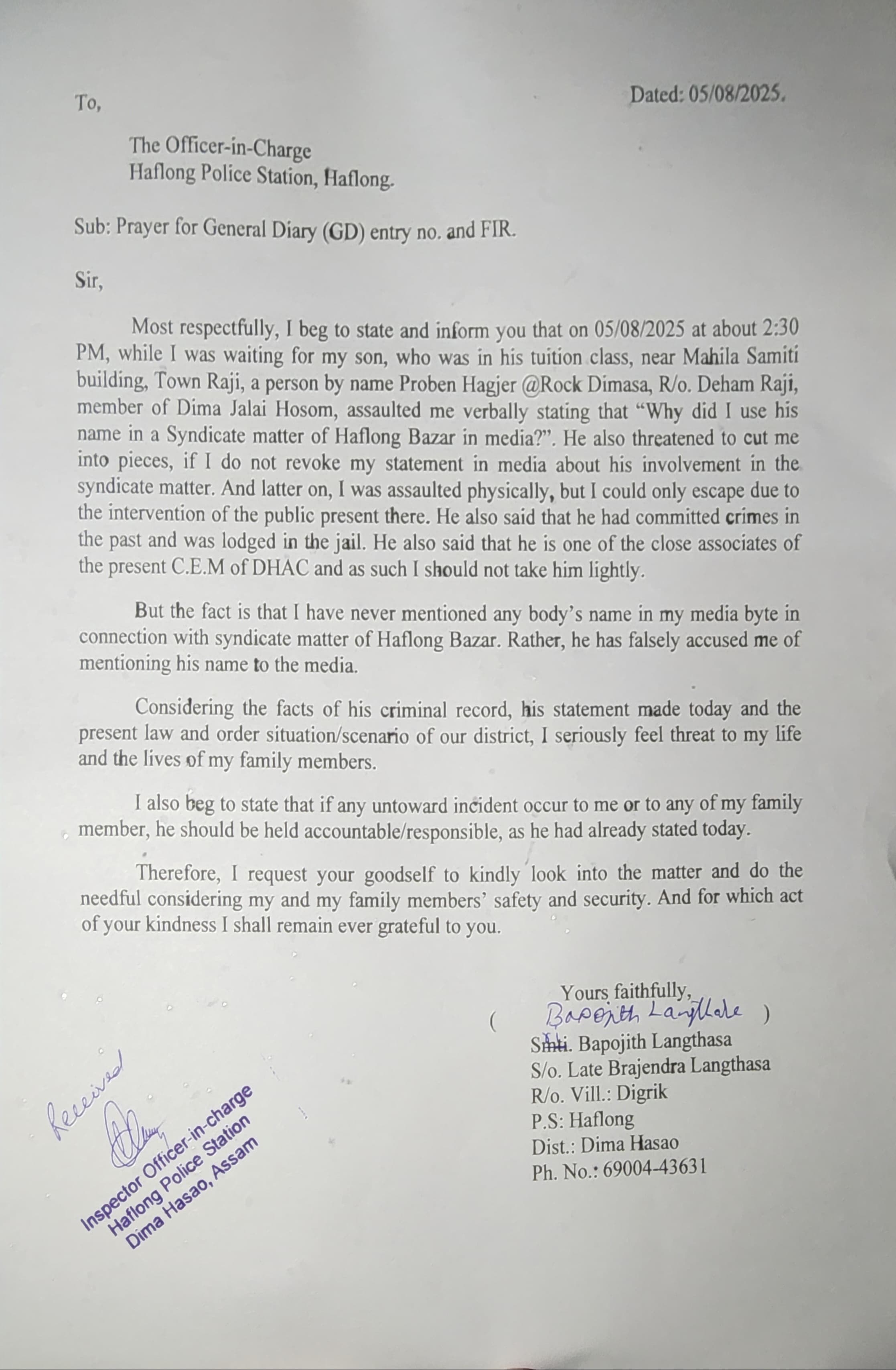 Death threat to a Congress leader in Dima Hasao district