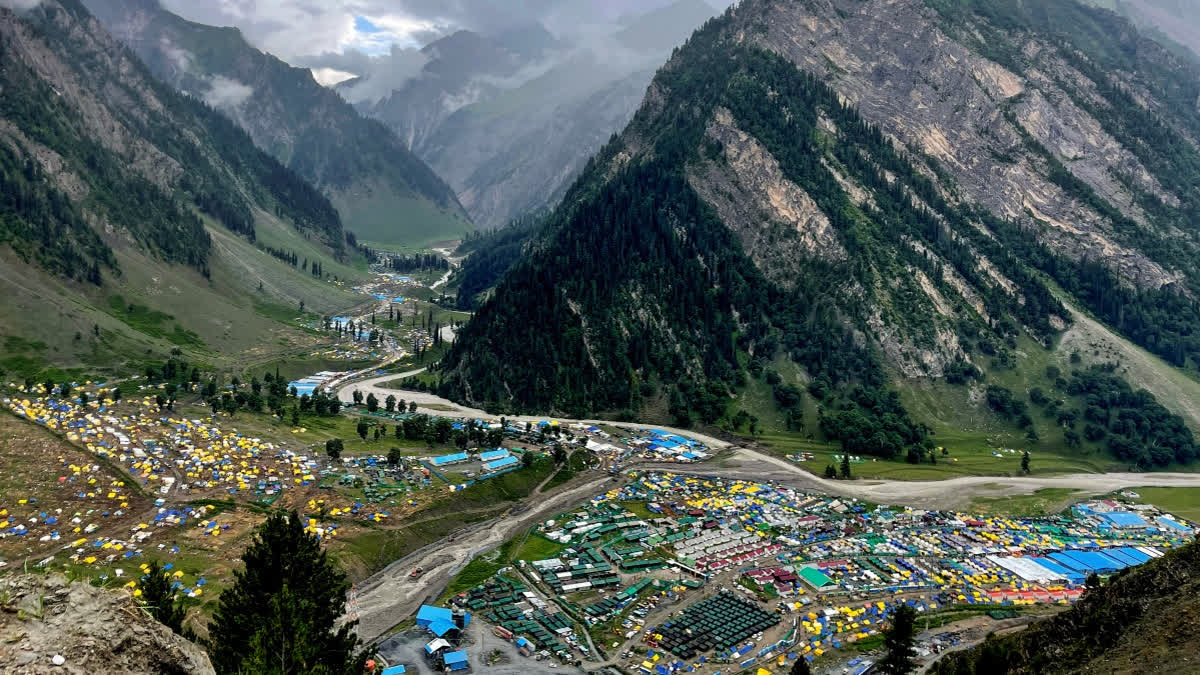 An aerial view of the Amarnath Yatra base camp at Baltal on Monday