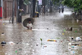 Waterlogged streets in Anil Nagar Guwahati Assam following heavy rain on Tuesday