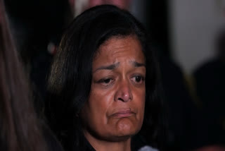 Rep. Pramila Jayapal, D-Wash, right, listens to Seattle Mayor Katie Wilson speak at a news conference after a shooting at the Bite of Seattle food festival in Seattle, Wash., Sunday, July 26, 2026.