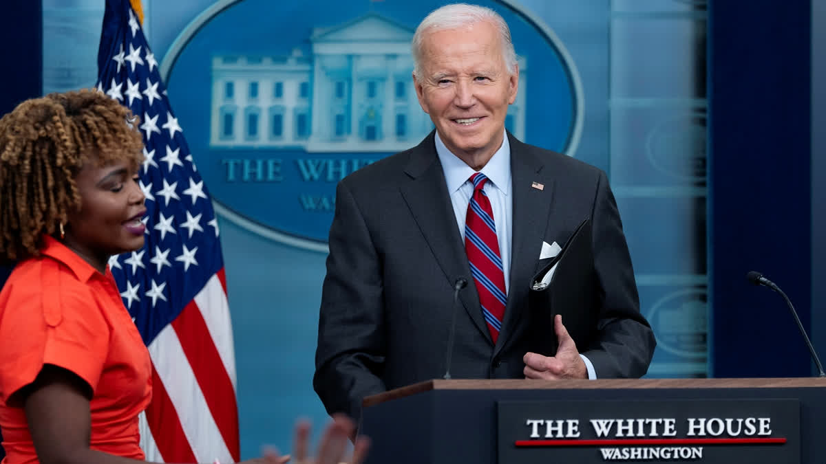 Biden Talks Election, Economy And Middle East In Surprise News Briefing President Joe Biden, accompanied by Press Secretary Karine Jean-Pierre, makes a joke as he speaks at the top of the daily press briefing, Friday, Oct. 4, 2024, at the White House in Washington.