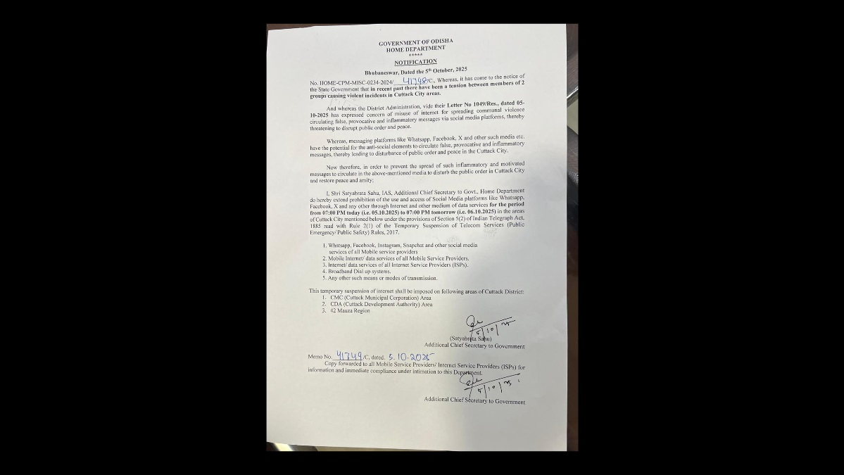 The Odisha Government on Sunday ordered temporary suspension of internet and social media services in Cuttack city following a violent clash between two groups.
