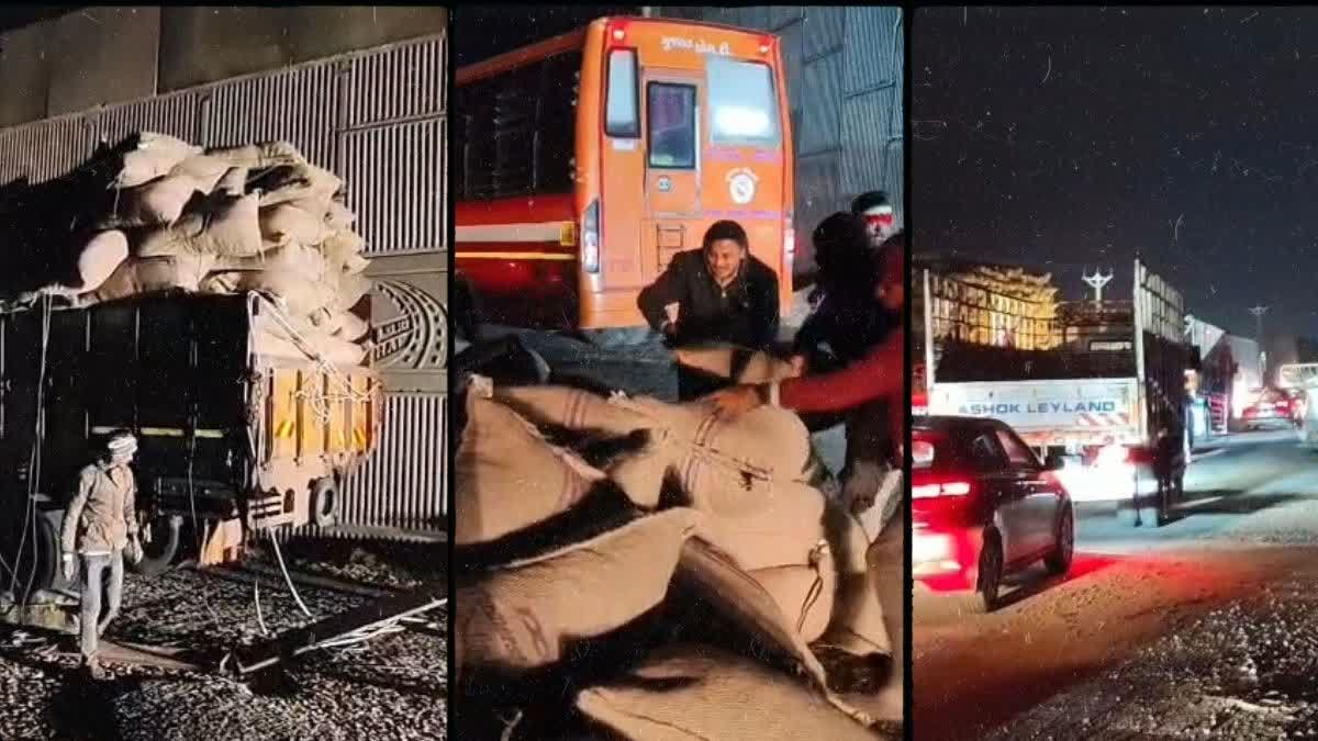 રાજકોટ-જેતપુર હાઇવે પર મગફળી ભરેલા ટ્રકનું દોરડું તૂટી જતા રસ્તા પર કોથળાનો ઢગલો