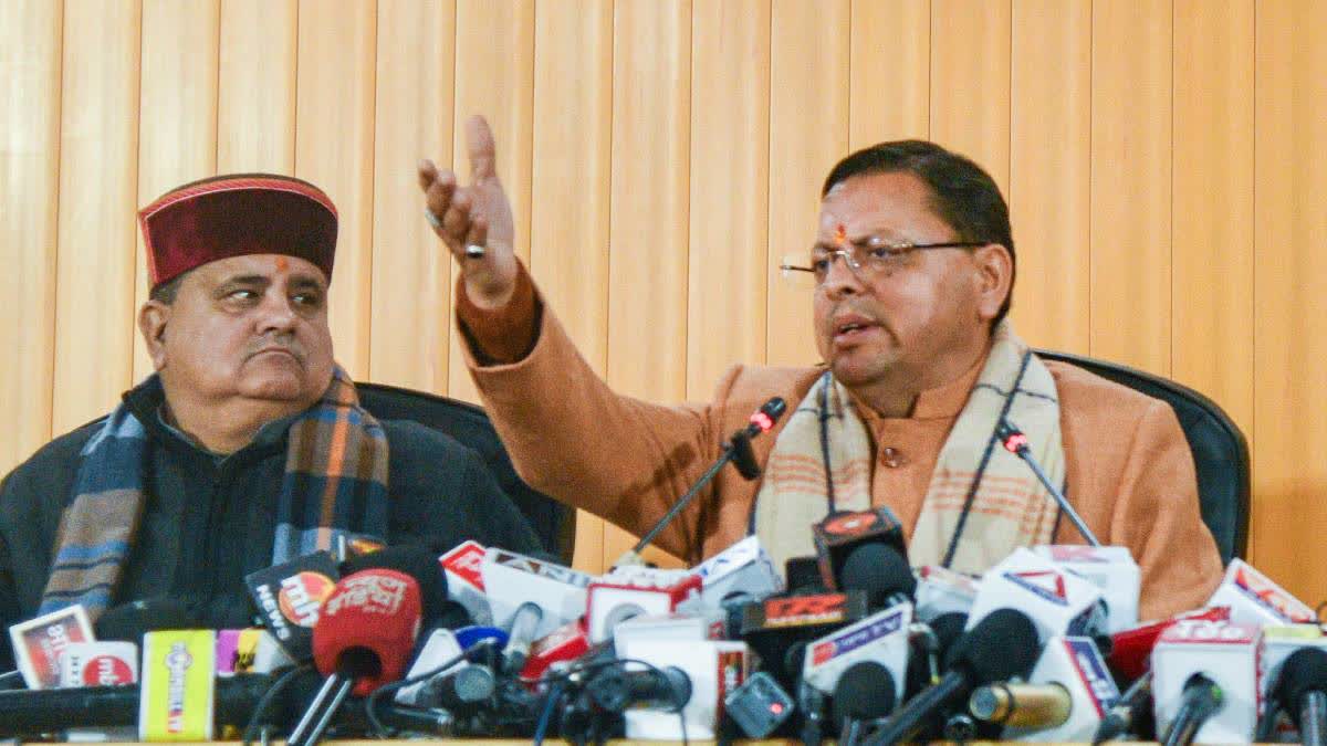 CM Dhami at a press conference in Dehradun on Tuesday.