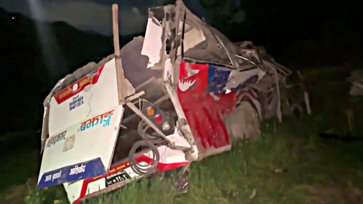 The mangled remains of the bus, which met with an accident