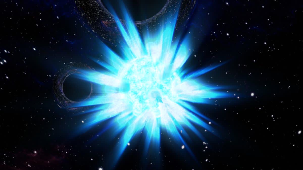 Artist’s impression shows a stellar explosion with subtle hints of a black hole binary in the background