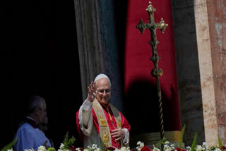 Pope Leo XIV addresses the faithful after delivering the Urbi et Orbi blessing - Latin for "to the city of Rome and to the world" - from the central loggia of St. Peter's Basilica at the end of Easter Mass he presided over in St. Peter's Square at the Vatican, Sunday, April 5, 2026.