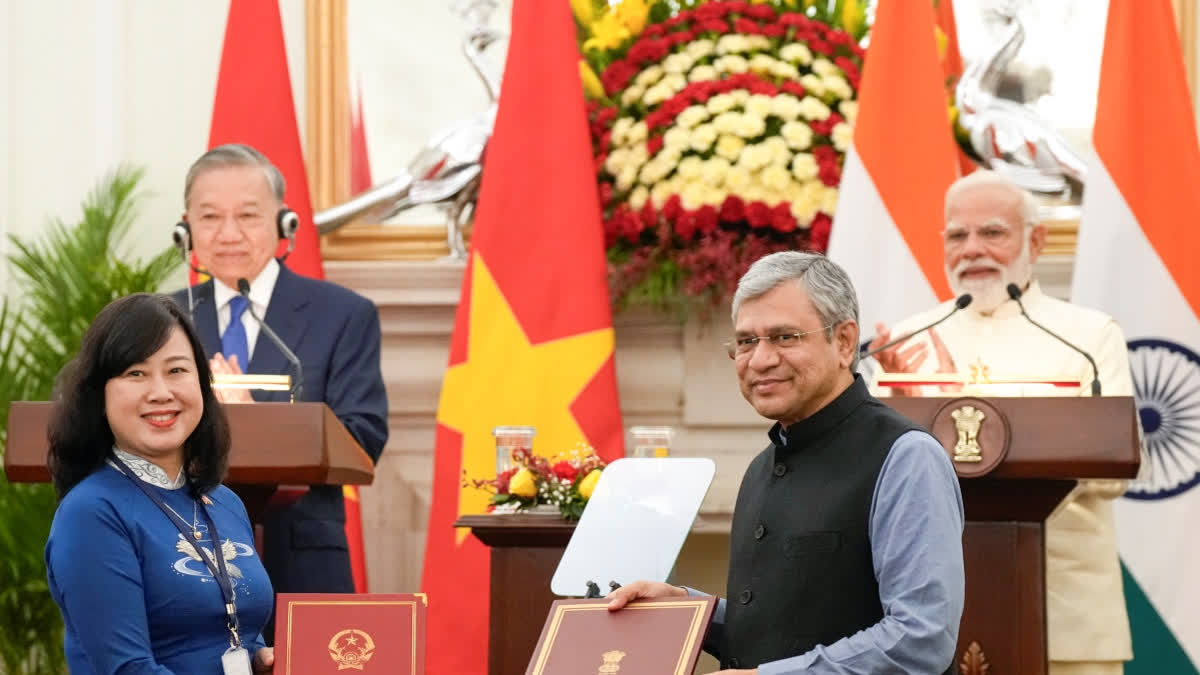 India, Vietnam Elevate Ties To Enhanced Comprehensive Strategic Partnership; Set USD 25 Bn Trade Target Union Minister Ashwini Vaishnaw and Vietnam's Health Minister Dao Hong Lan exchange a Memorandum of Understanding (MoU) during a joint press statement after a meeting between Prime Minister Narendra Modi and Vietnam President To Lam Putin at the Hyderabad House, in New Delhi, Wednesday, May 6, 2026.