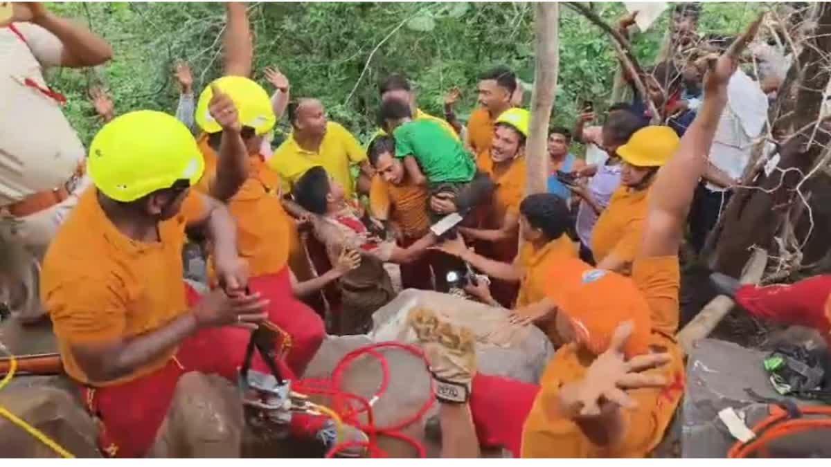 minor trapped in rock crevice in nayagarh forest rescued successfully by fire service team