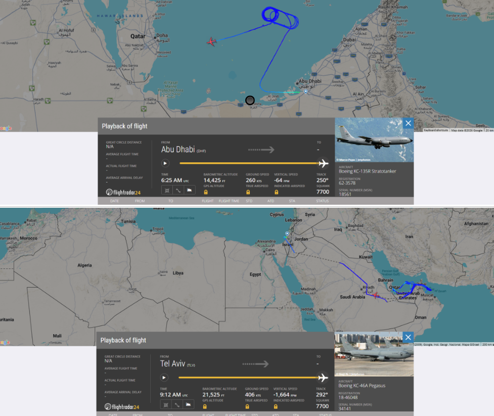 Flightradar24 data showing the last locations of the two US tankers that disappeared after issuing emergency squawk.