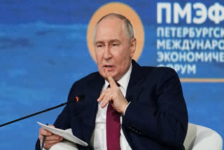 Russian President Vladimir Putin gestures speaking at a plenary session at the St. Petersburg International Economic Forum in St. Petersburg, Russia, on Friday, June 5, 2026.