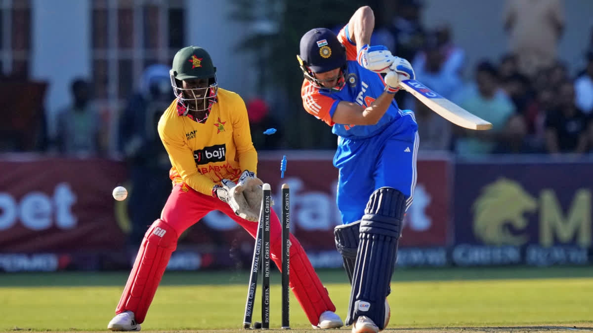 Unfancied Zimbabwe Beat India By 13 Runs In First T20I Indian batsman Mukeshi Kamar is bowled out during the T20 cricket match against Zimbabwe at Harare Sports club, Saturday, July 6, 2024.