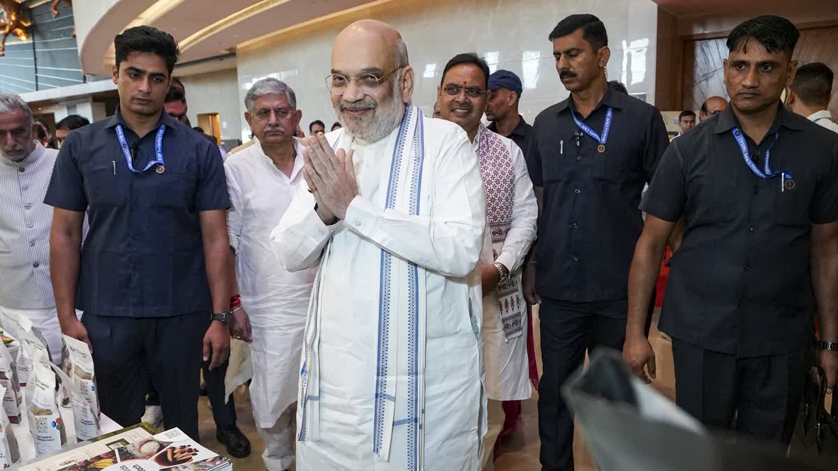 Union Home Minister Amit Shah during the 5th Foundation Day ceremony of the Ministry of Cooperation, at the Bharat Mandapam, in New Delhi, Monday, July 6, 2026.