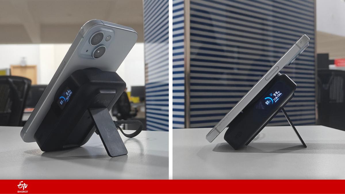 The built-in kickstand turns the power bank into a handy desk companion.