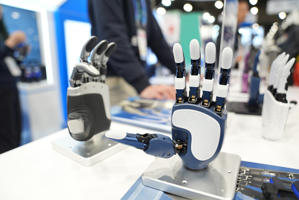 A Linker Hand L6 from LINKERBOT sits on display during the CES tech show Tuesday, Jan. 6, 2026, in Las Vegas