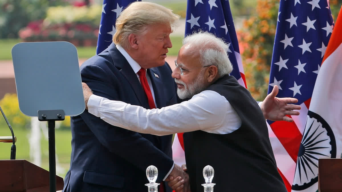 U.S. President Donald Trump and Indian Prime Minister Narendra Modi embrace after giving a joint statement in New Delhi, India, Feb. 25, 2020.