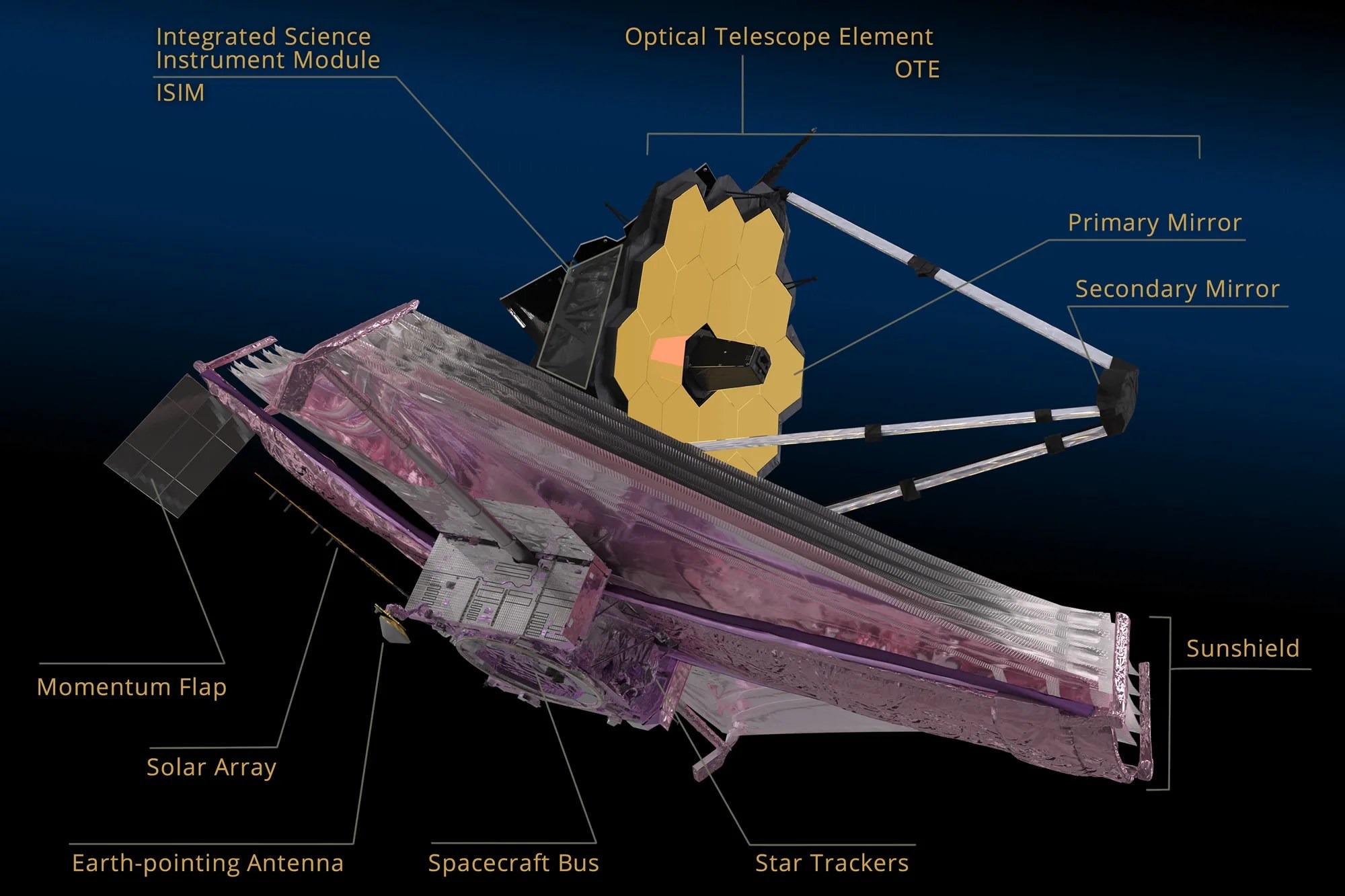 An illustration of the James Webb Space Telescope and its key elements