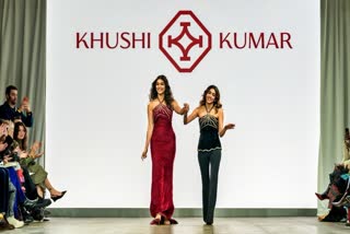 Fashion designer Khushi Kumar with showstopper Pooja Hedge at London Fashion Week