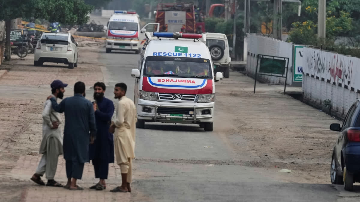 Ambulances leave from a complex located near the site of a suspected Indian missile attack, in Muridke, a town in Pakistan's Punjab province, Wednesday, May 7, 2025.