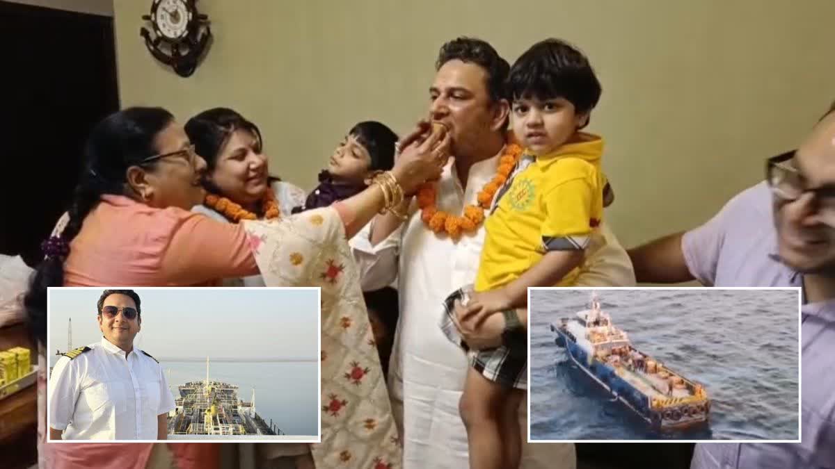 Captain Ashish Sharma welcomed back in Roorkee, and (inset) on ship (L), the stranded ship