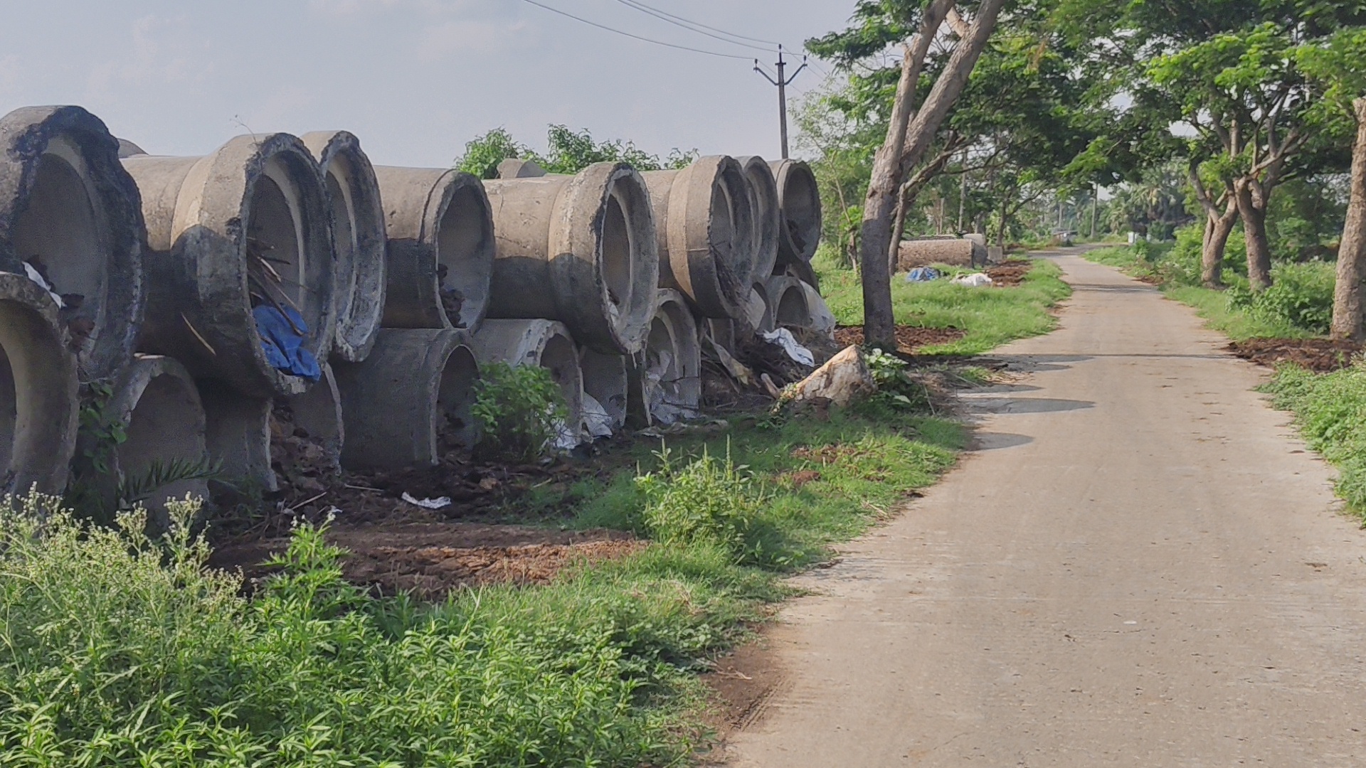 Abandoned pipes lying beside a street in Singur.