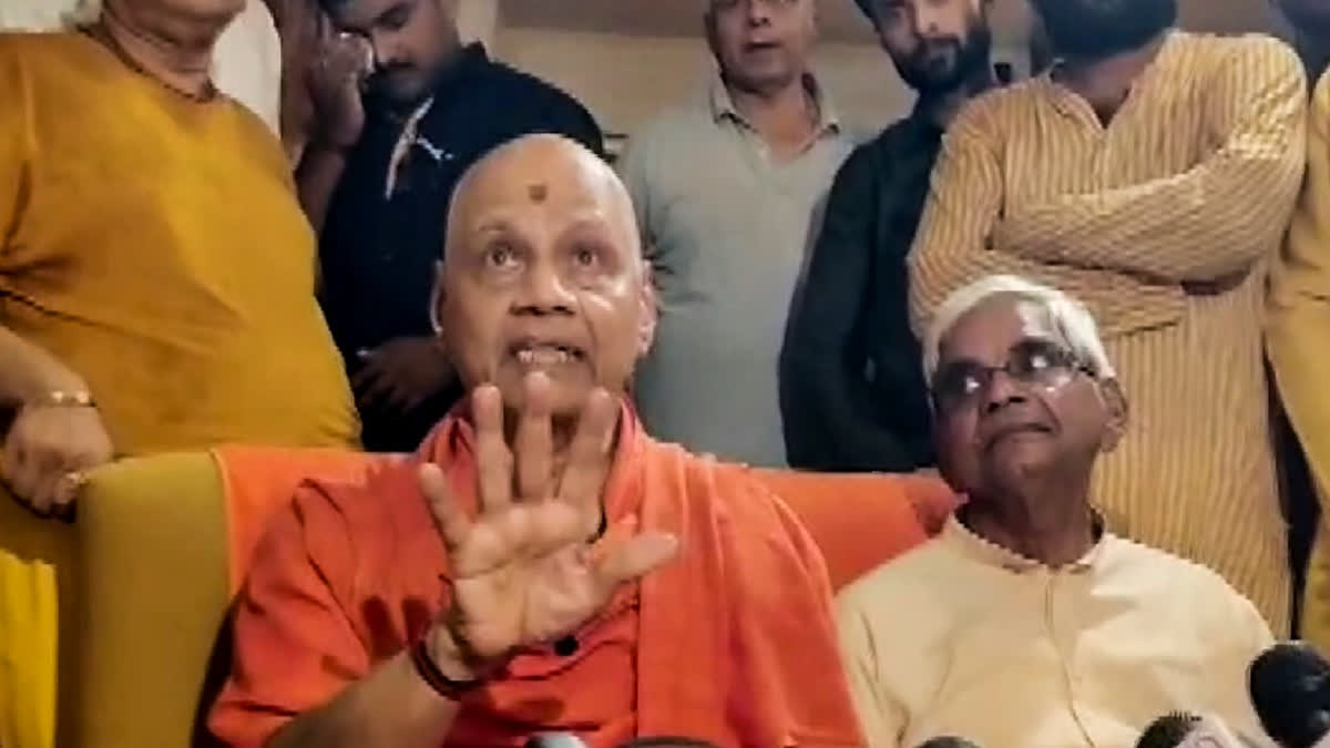 Janmabhoomi Teerth Kshetra Trust Treasurer Govind Dev Guru speaks to the media, in Ayodhya, Monday, July 6, 2026.