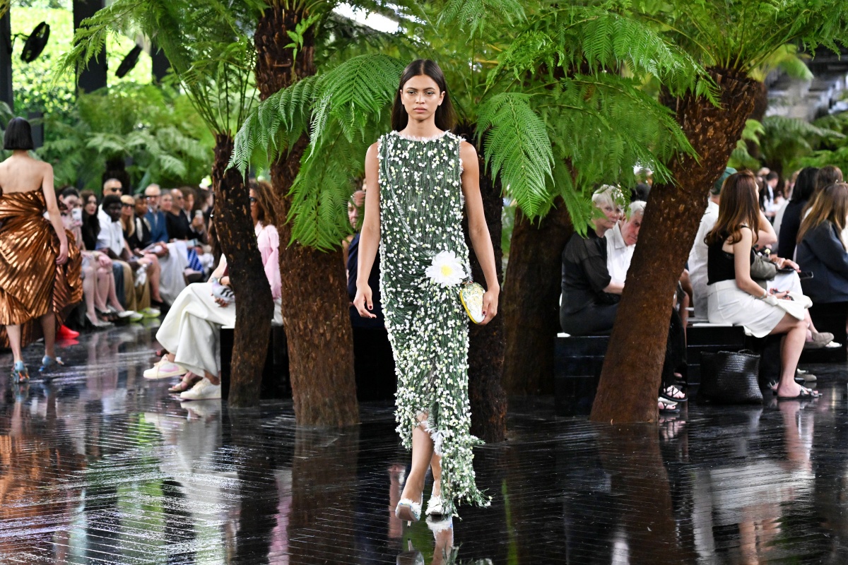 Pleated floral dress inspired by the work of artist Lynda Benglis