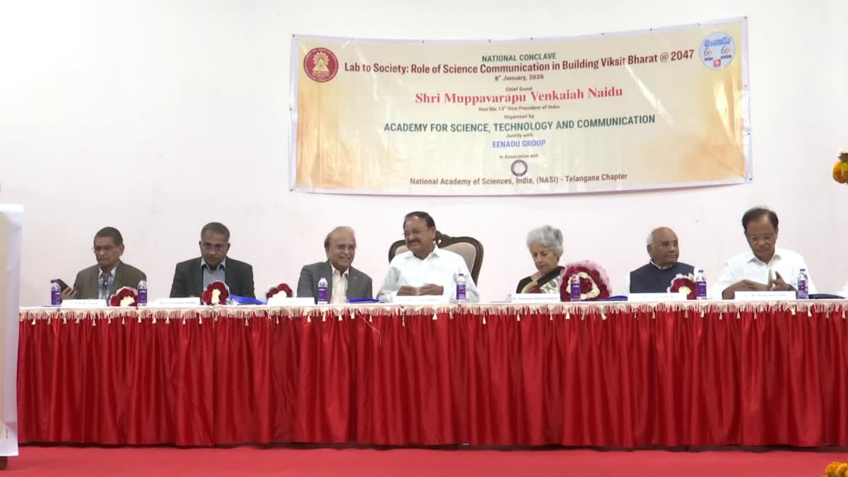 Former Vice President M Venkaiah Naidu along with Dr Soumya Swaminathan at the National Conclave on 'Lab to Society: Role of Science Communication in Building Viksit Bharat 2047' in Hyderabad