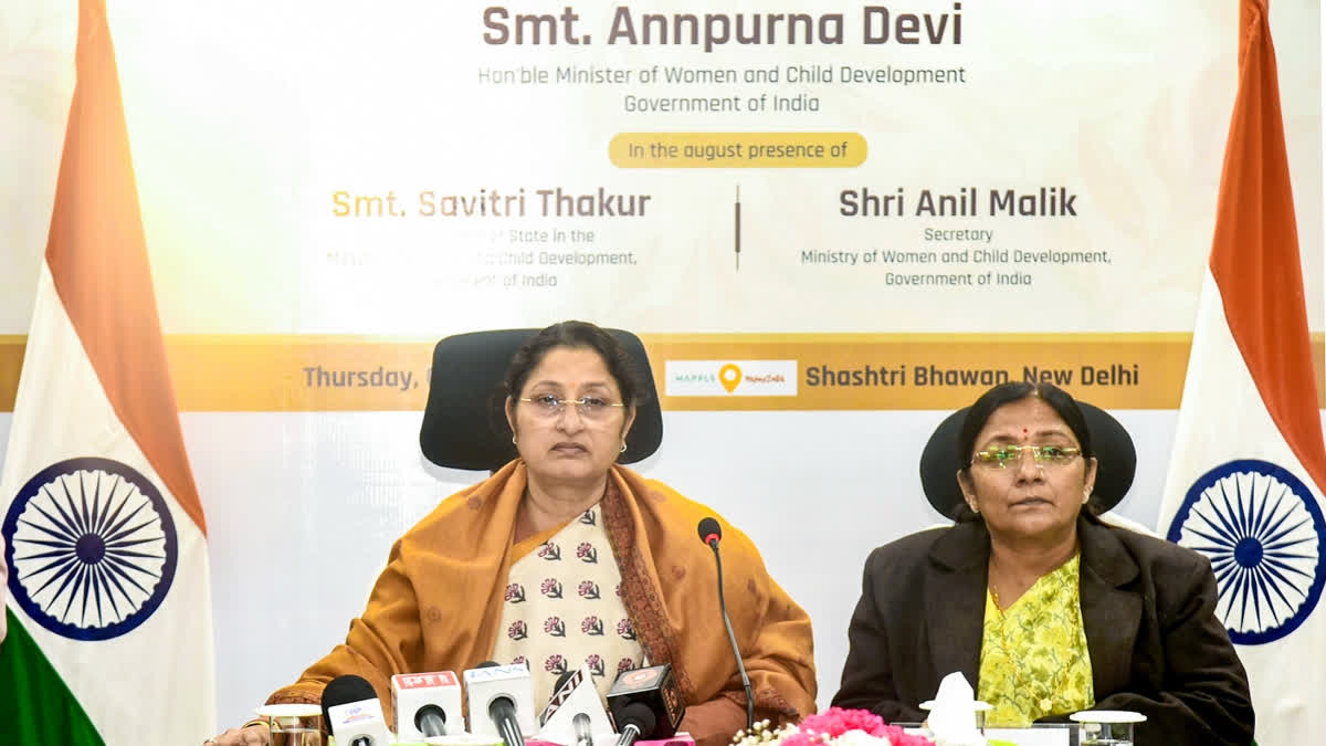 Union Minister for Women and Child Development Annpurna Devi chairs the launch of the ‘Pankhudi Portal’ and a press conference at Shastri Bhawan, in New Delhi on Thursday, January 8, 2026.