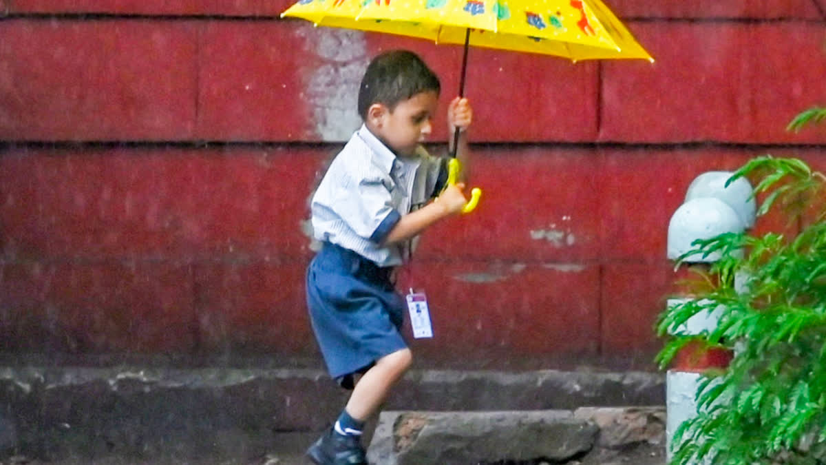 A school boy carrying an umbrella walks through heavy monsoon rain in New Delhi on Wednesday.