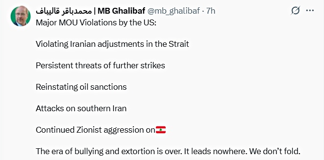 Speaker of Islamic Republic of Iran’s Parliament MB Ghalibaf Social Media Post