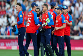 England players celebrate their win over India in the 3rd T20I, at Trent Bridge ground in Nottingham on Tuesday.