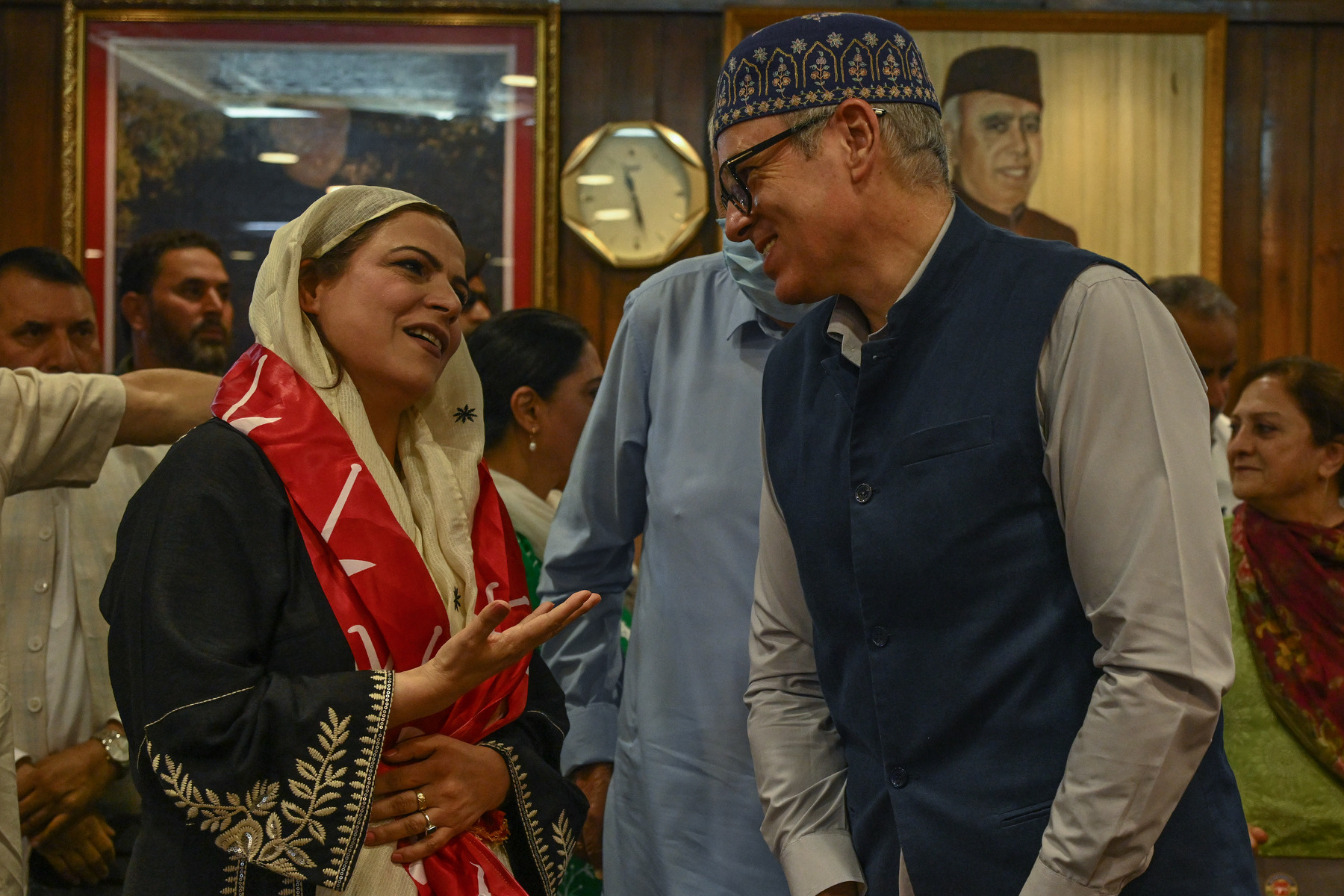 Former DDC Chairperson Safina Baig interacts with J-K CM Omar Abdullah after joining NC