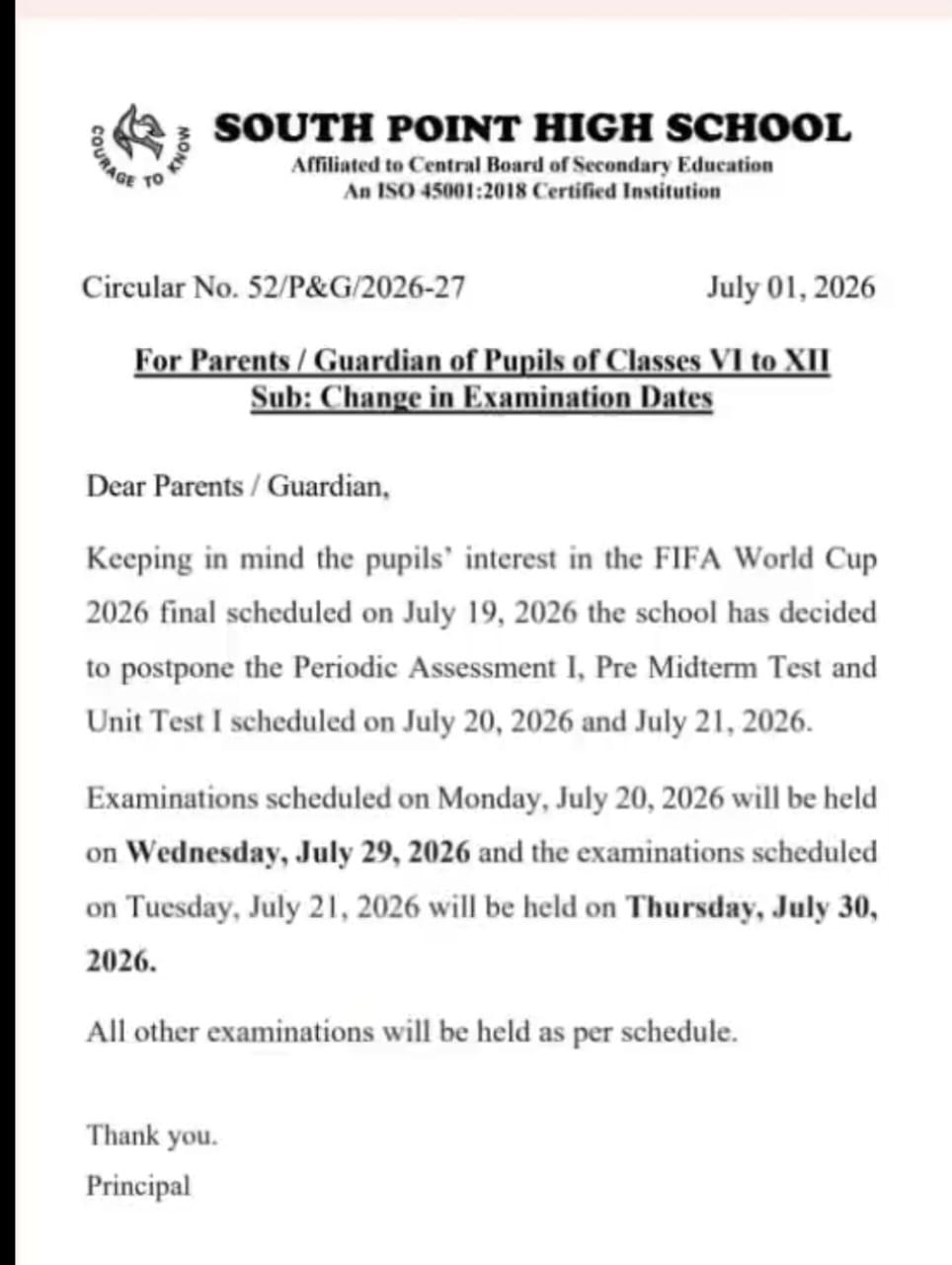 south point high school kolkata reschedules exam from class 6 to 10 for fifa world cup final 2026