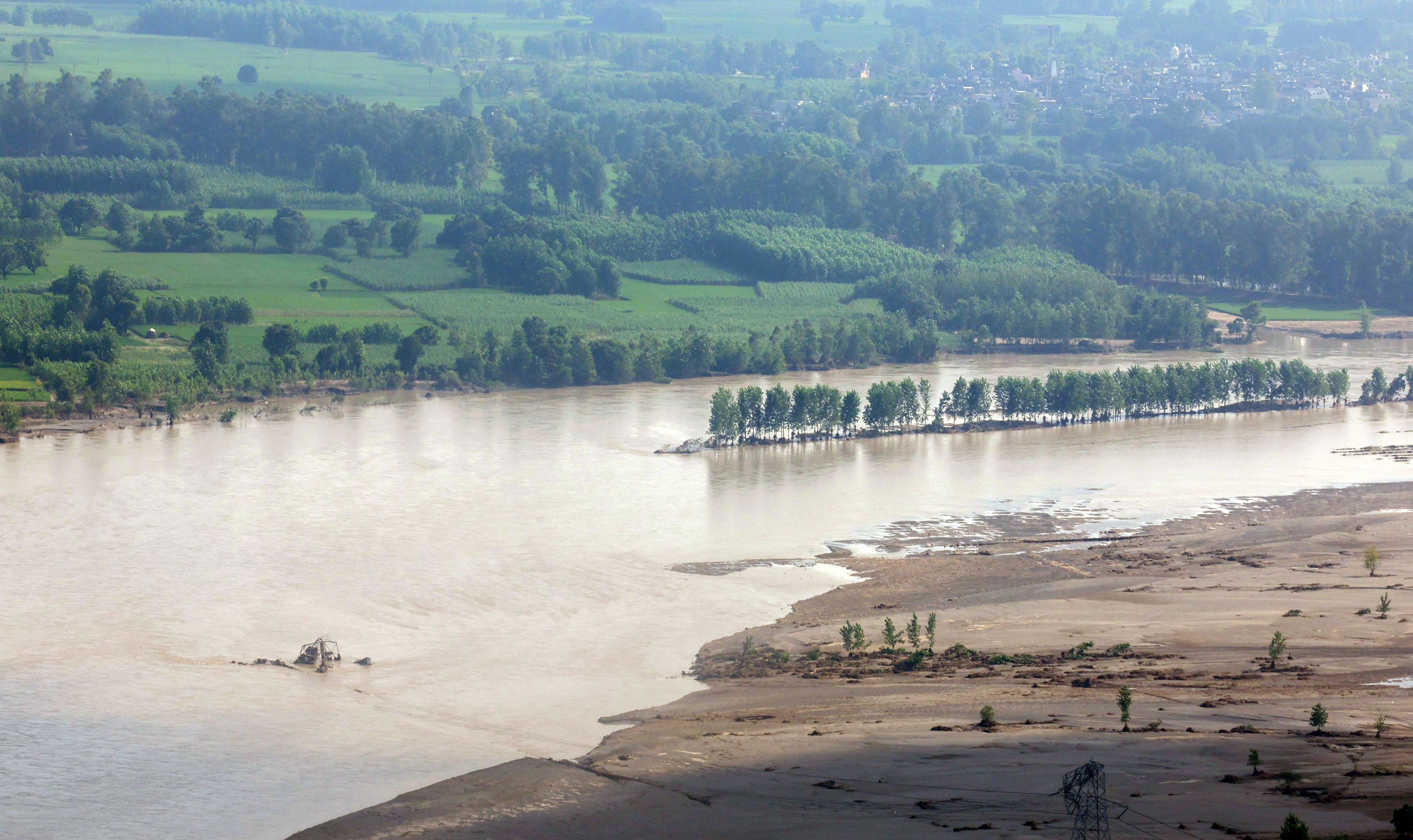 An aerial view of flood-affected areas during the survey by Prime Minister Narendra Modi (unseen) in Punjab.