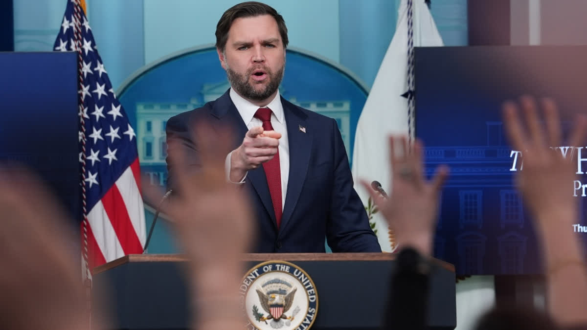 Vice President JD Vance speaks during a briefing at the White House, Thursday, Jan. 8, 2026, in Washington.
