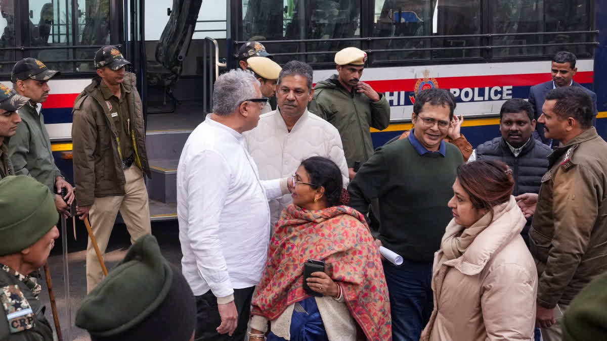 TMC MPs Derek O'Brien, Satabdi Roy, Kirti Azad and others at Parliament Street Police Station after being detained during a protest against ED raids on I-PAC, in New Delhi, Friday, Jan. 9, 2026.