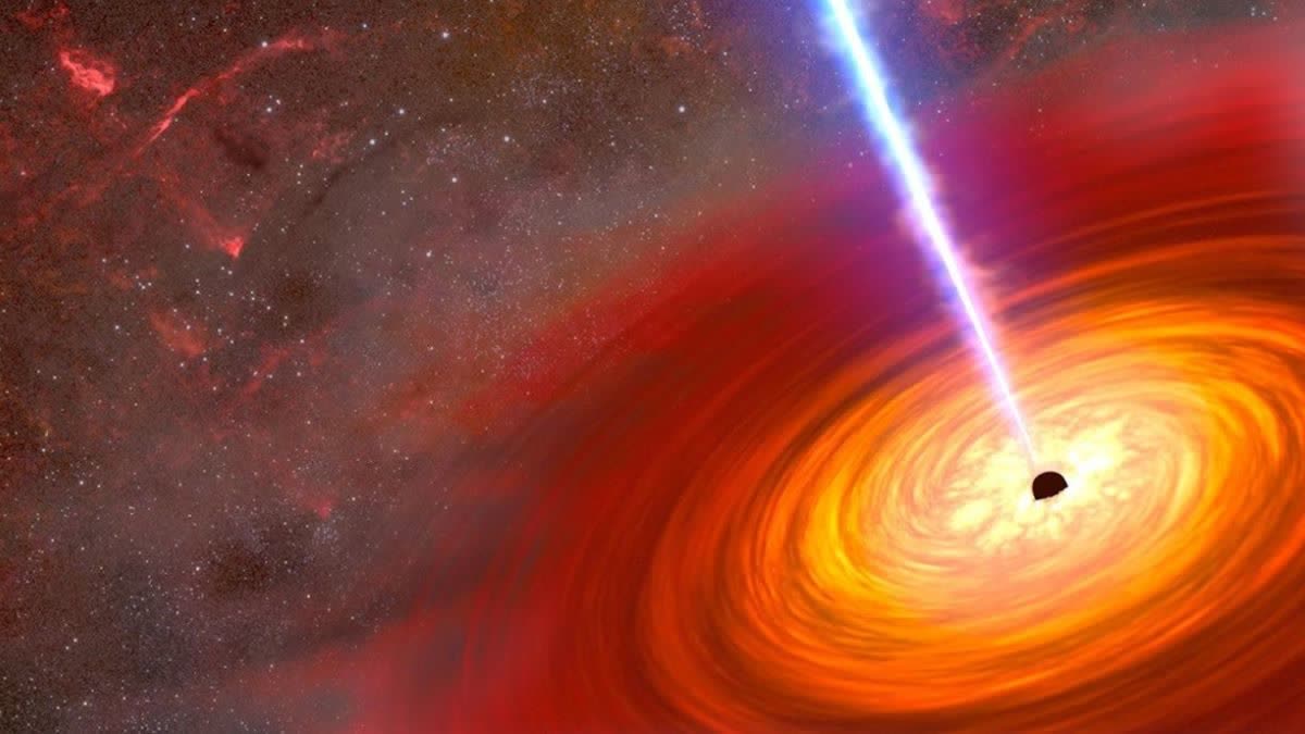 This is an artist's depiction of a pair of active black holes at the heart of two merging galaxies. They are both surrounded by an accretion disk of hot gas.