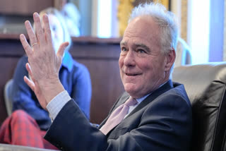 Sen. Tim Kaine, D-Va., speaks to reporters about a war powers resolution regarding Venezuela on Capitol Hill, Wednesday, Jan. 7, 2026, in Washington.
